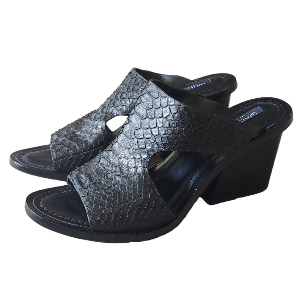 Lafayette 148 Black Snakeskin Cassidee Block Open Toe Sandal Heel Shoes Size 9.5